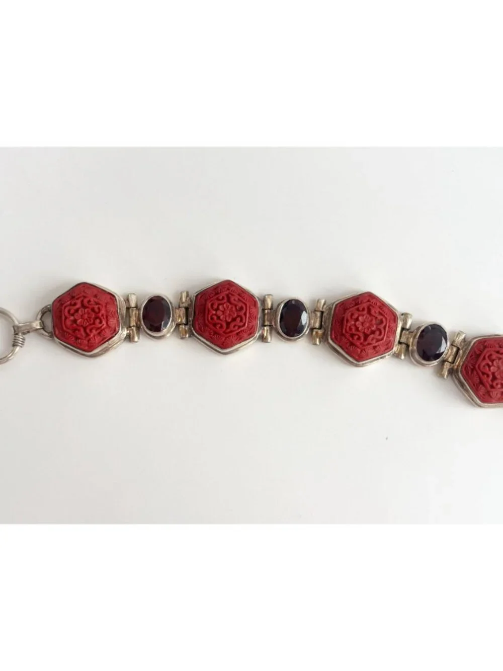 Cinnabar Hand Carved Sterling Silver Octagon Vintage Chainlink 925 Bracelet
